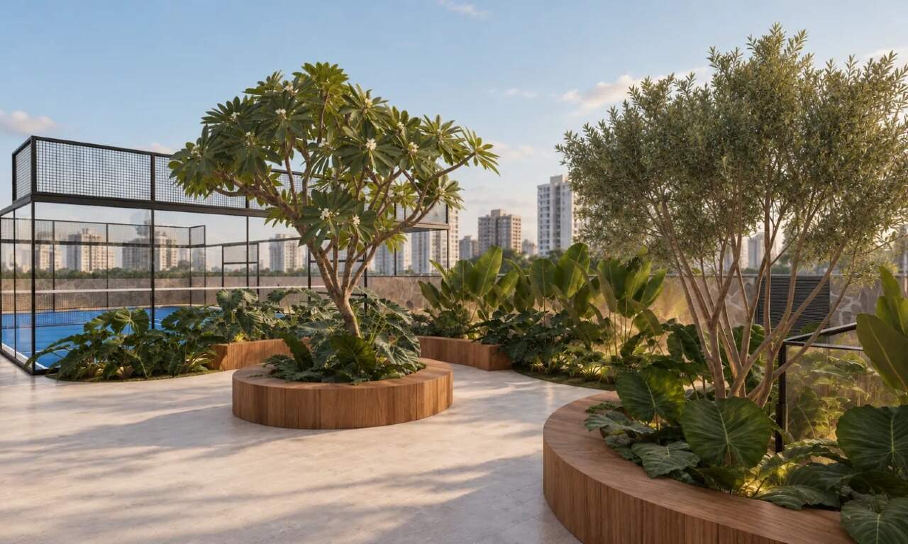 Cobertura à venda no Fazenda: Terraço com quadra de padel no Pátio Beira Rio
