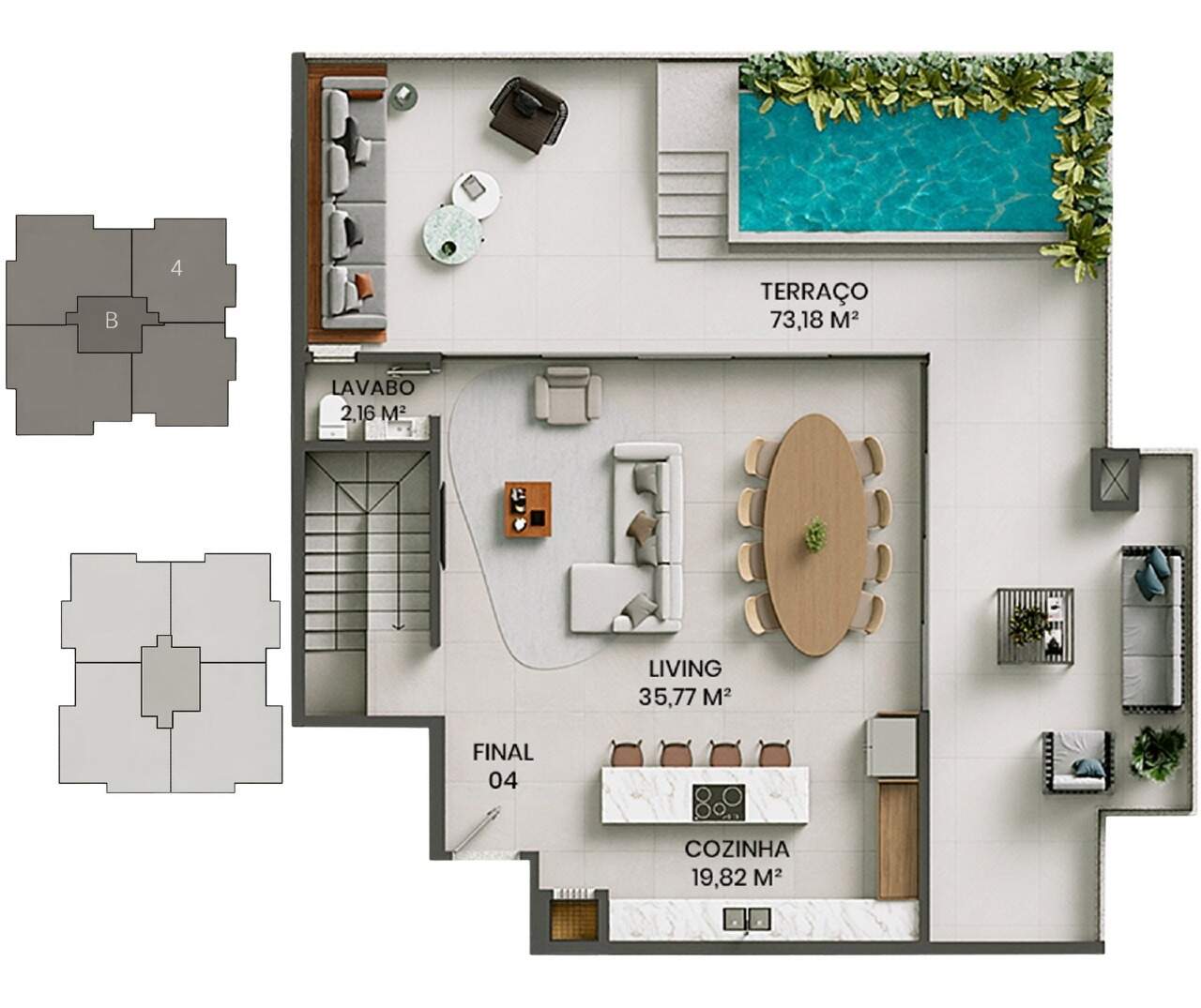 Cobertura à venda no Fazenda: Planta do pavimento superior da cobertura de 296,35 m², com terraço e piscina