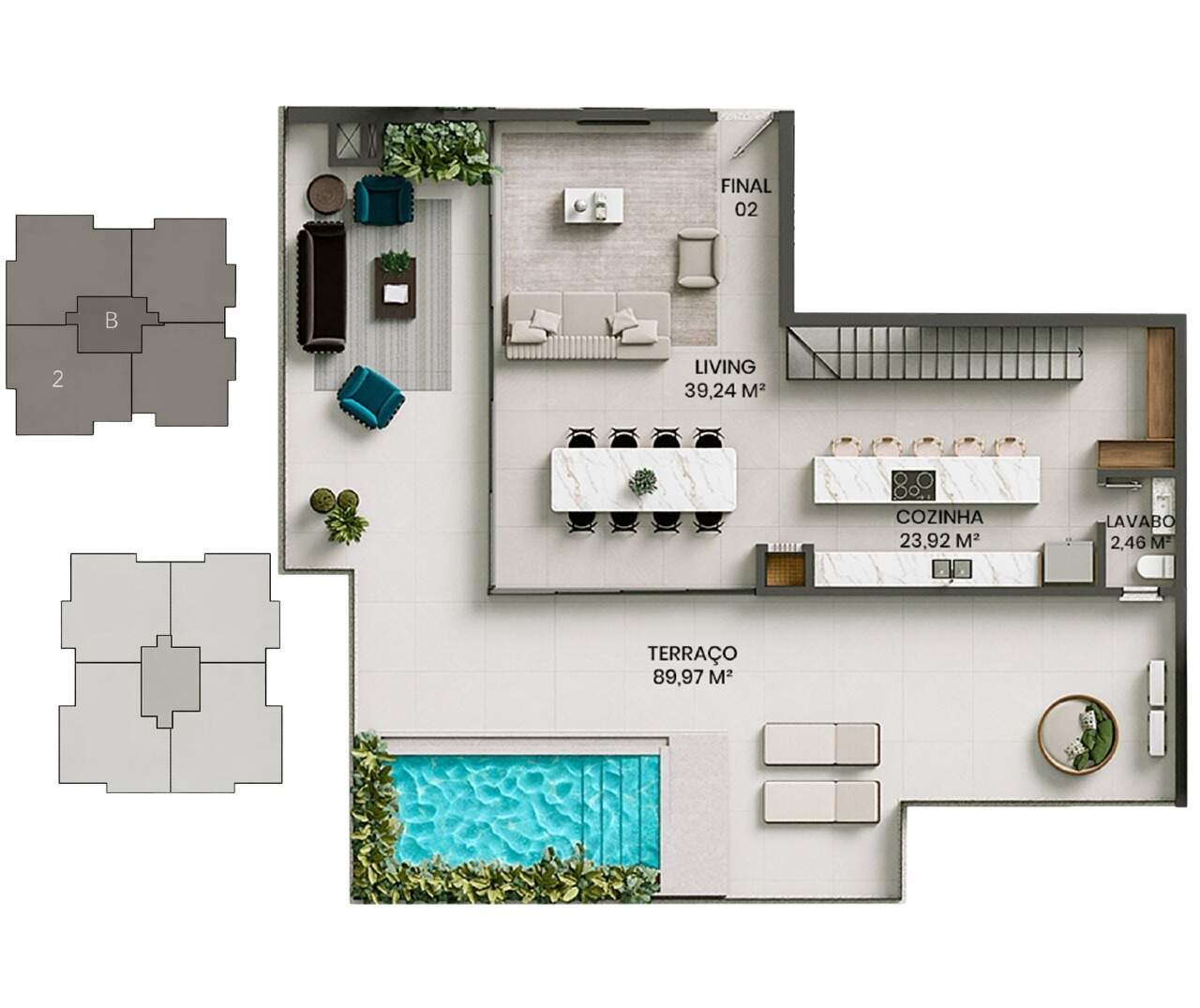 Cobertura à venda no Fazenda: Planta do pavimento superior da cobertura de 350,92 m², com terraço e piscina