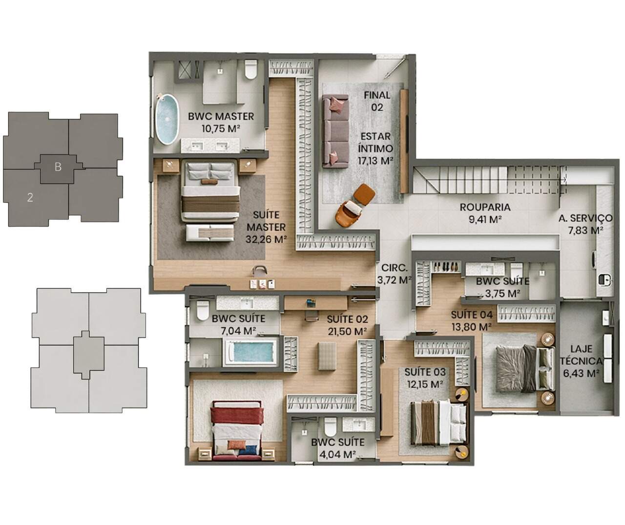 Cobertura à venda no Fazenda: Planta do pavimento inferior da cobertura de 350,92 m², com 4 suítes