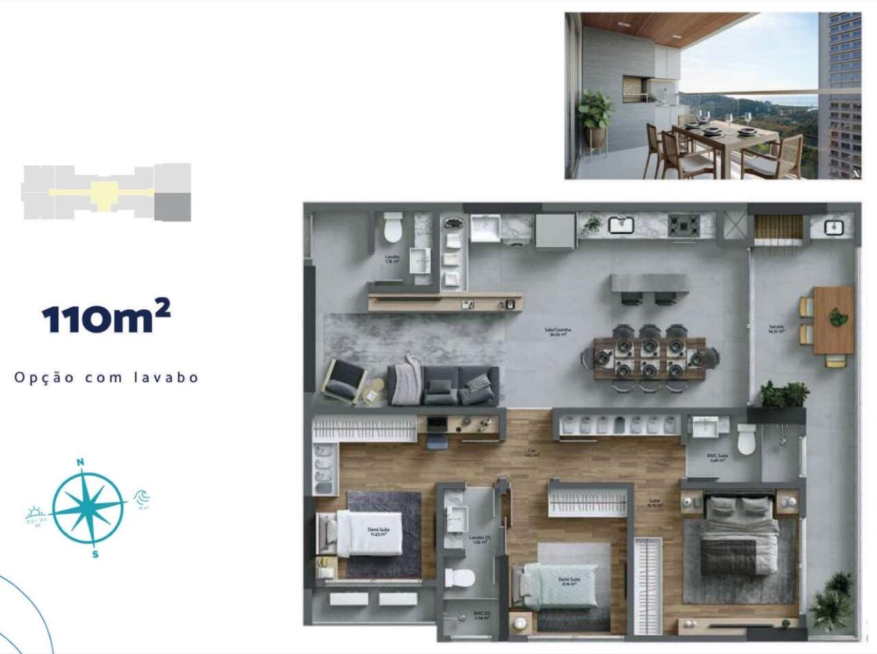 Apartamento à venda no Praia Brava: Planta de 110 m² com a área de cada ambiente: suíte de 15,10 m² e living com cozinha de 36,55 m²