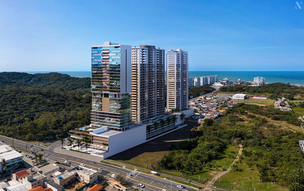 Apartamento à venda no Praia Brava: Vista aérea do complexo Torres da Brava com o mar da Praia Brava ao fundo (imagem ilustrativa)