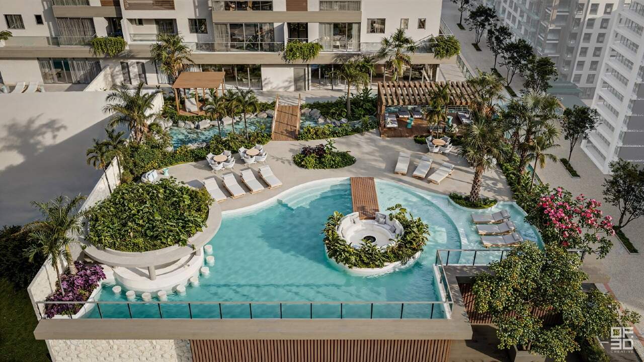 Apartamento à venda no Praia Brava: Vista aérea da piscina e do bar molhado do Brava Riserva