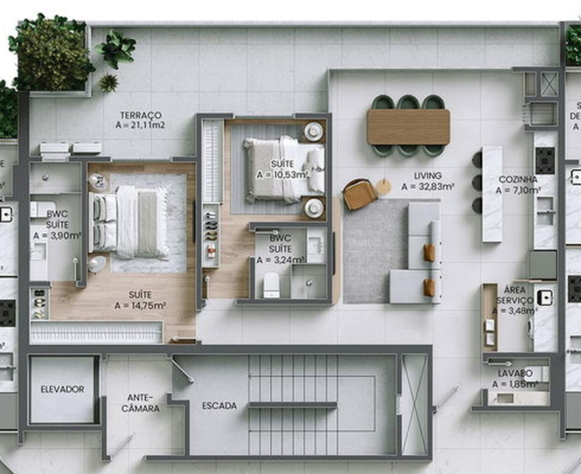 Apartamento à venda no Praia Brava: Planta do final 4 com terraço: 119,00 m², 2 suítes e terraço de 21,11 m²