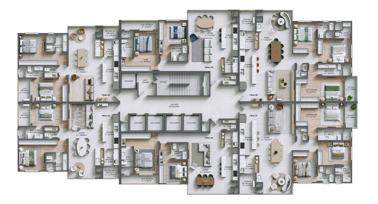 Apartamento à venda no Praia Brava: Planta do andar tipo do Brava Riserva, com os seis finais