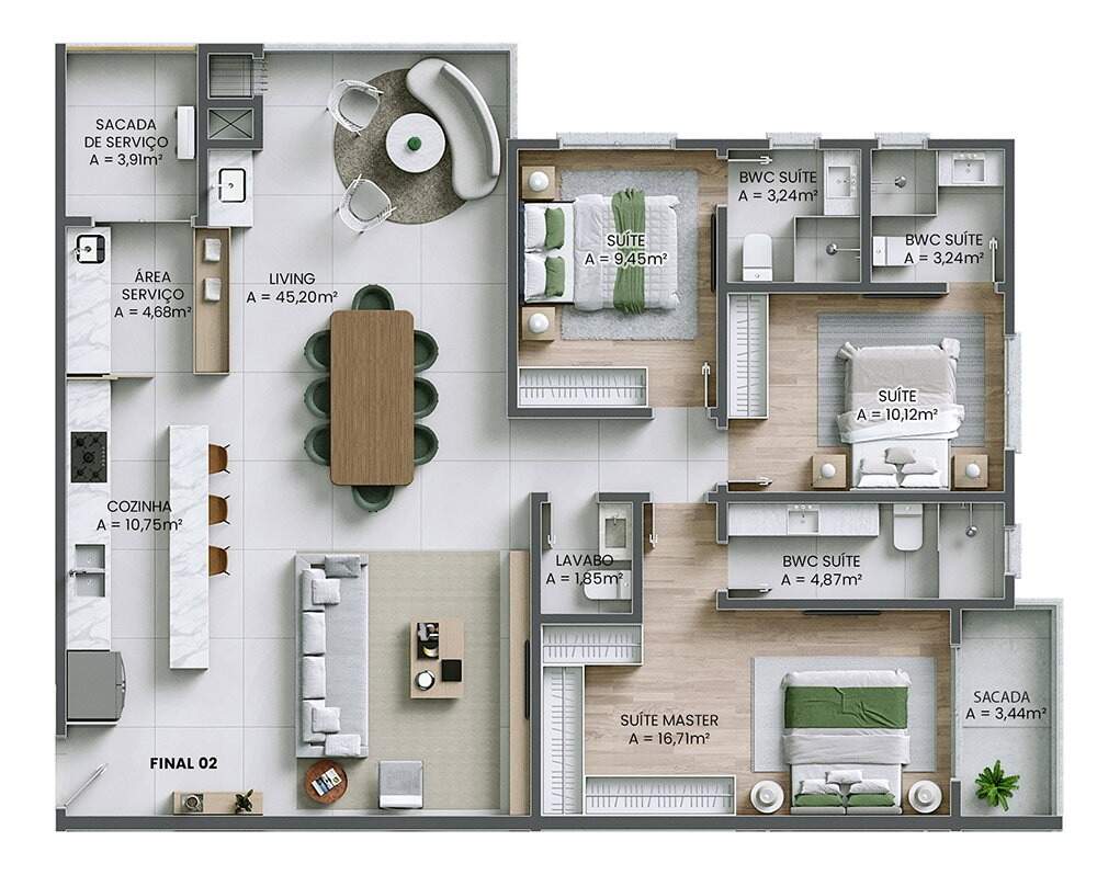 Apartamento à venda no Praia Brava: Planta do final 2 do Brava Riserva: 130,88 m², 3 suítes e sacada na suíte master