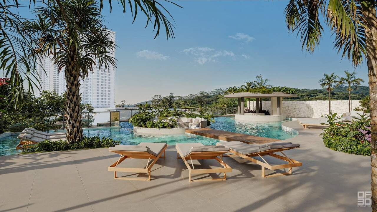 Apartamento à venda no Praia Brava: Terraço da piscina com espreguiçadeiras no Brava Riserva