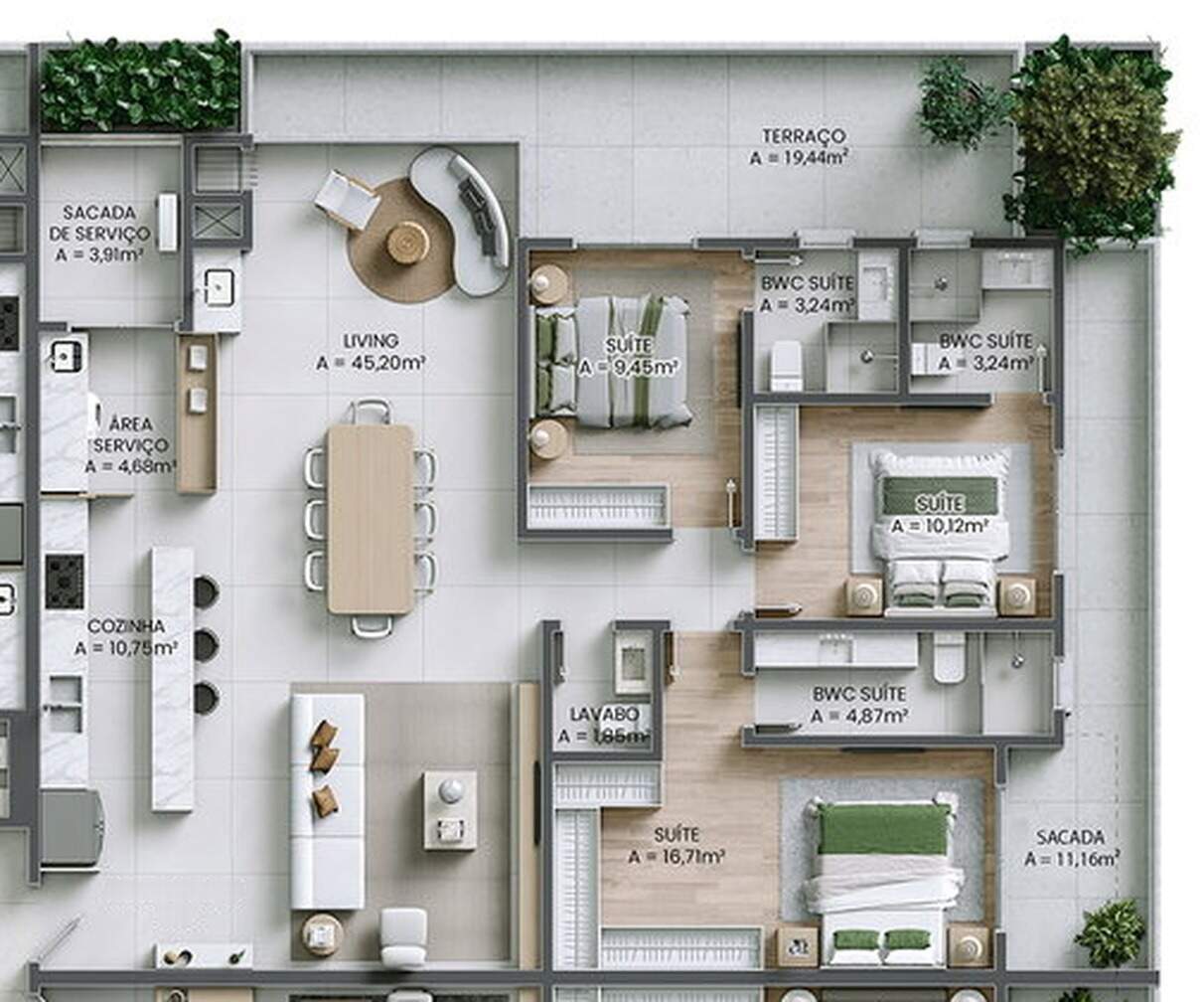 Apartamento à venda no Praia Brava: Planta do final 2 com terraço: 166,32 m², 3 suítes, terraço de 19,44 m² e sacada de 11,16 m²