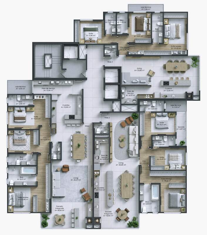 Apartamento à venda no Centro: Planta do pavimento tipo do Residencial Monserrato, com os finais 1, 2 e 3; este é o final 2