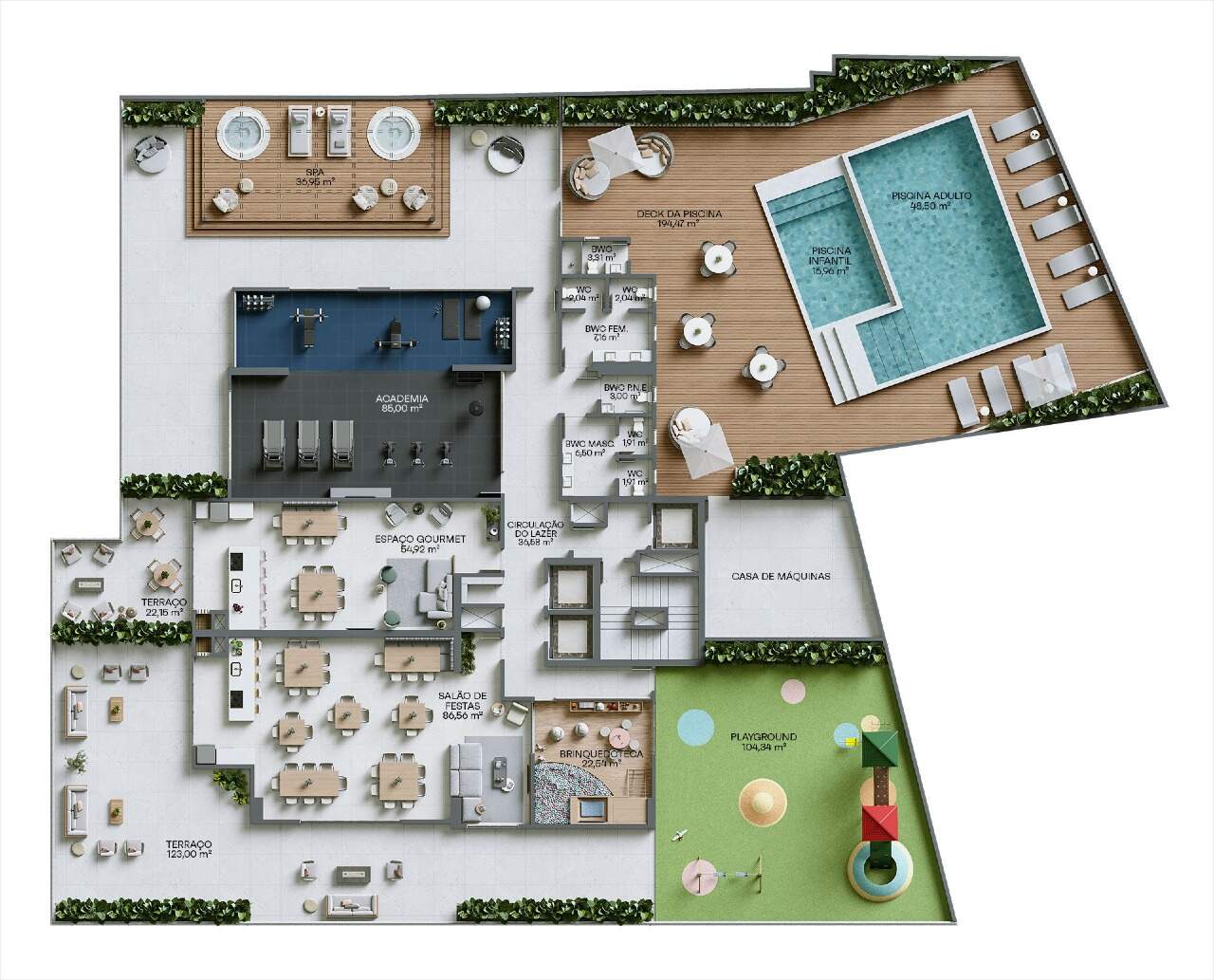 Apartamento à venda no Fazenda: Planta do pavimento de lazer do Monte Viso, com piscinas, spa, academia e salão de festas