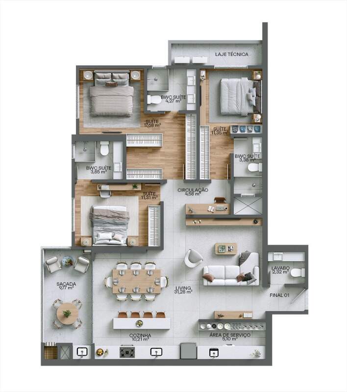 Apartamento à venda no Fazenda: Planta humanizada do final 01 do Monte Viso: 131,81 m², 3 suítes e sacada com churrasqueira