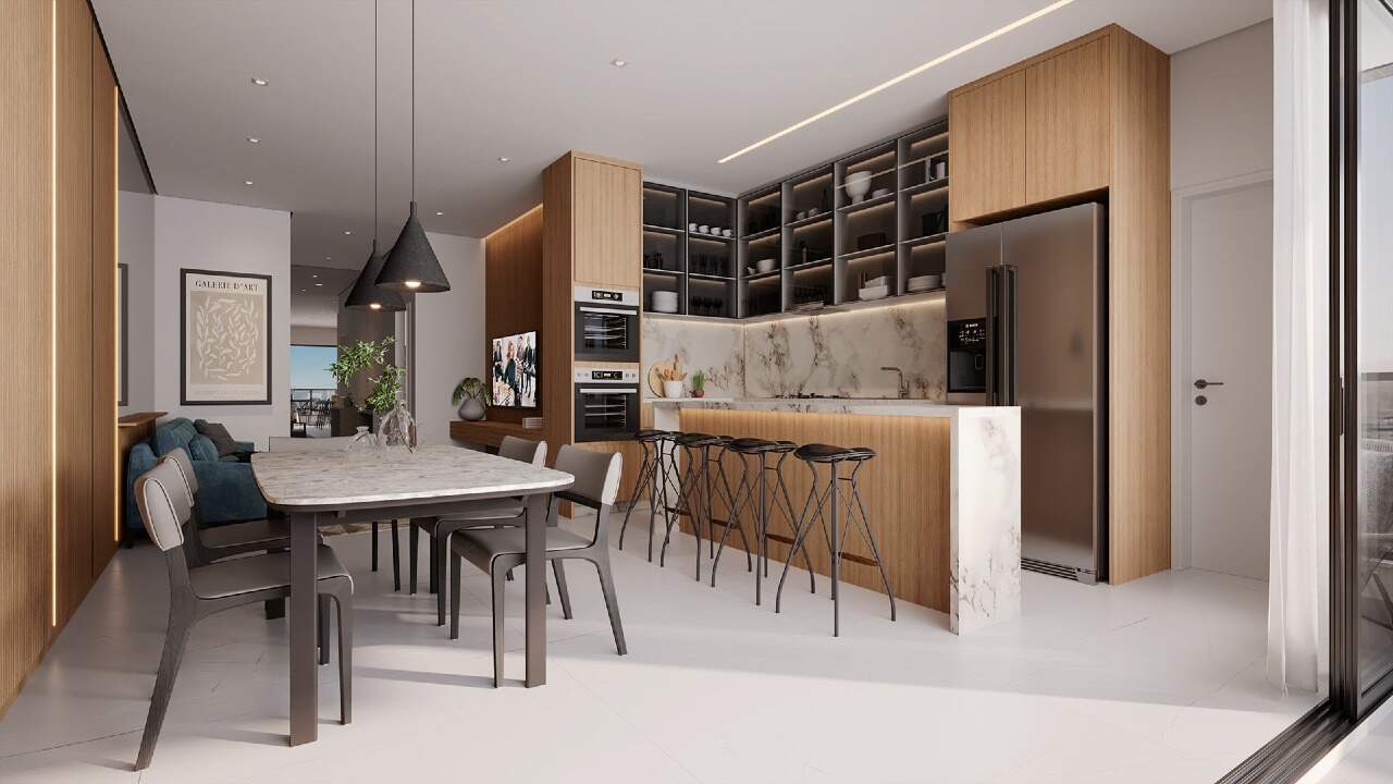 Apartamento à venda no Fazenda: Cozinha com bancada e mesa de jantar, decorada, no Residencial Monte Viso (imagem ilustrativa)