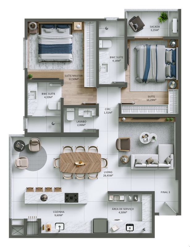 Apartamento à venda no Praia Brava: Planta do final 03, com 2 suítes, living integrado e 93,39 m² privativos