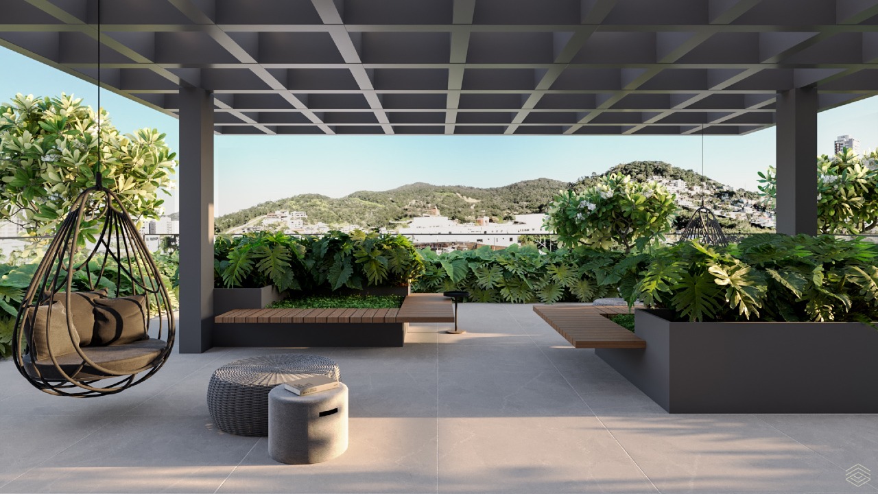 Apartamento à venda no Praia Brava: Praça com pergolado e paisagismo do Residencial Positano