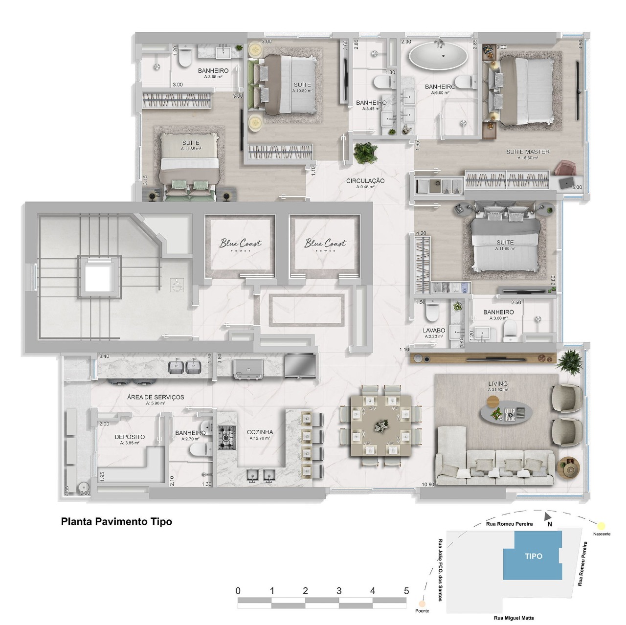 Apartamento à venda no Pioneiros: Planta do andar tipo do Blue Coast Tower, com quatro suítes; esta unidade tem três suítes