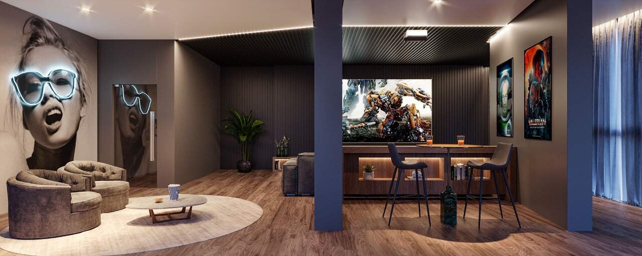 Apartamento diferenciado à venda no Centro: Espaço teen com TV e balcão (imagem ilustrativa)