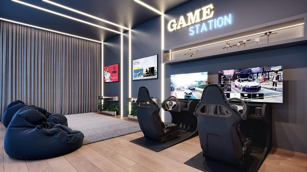 Apartamento diferenciado à venda no Centro: Game room com simuladores de corrida (imagem ilustrativa)