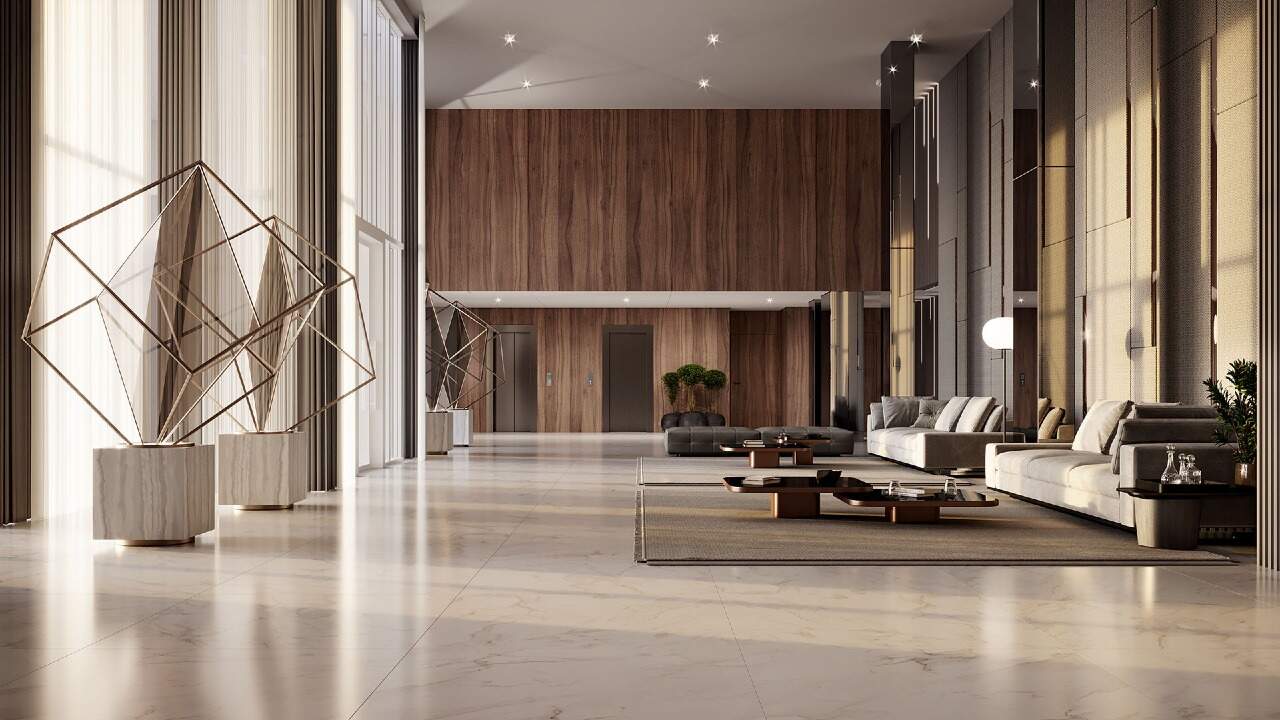 Apartamento diferenciado à venda no Centro: Hall de entrada do Ápice Towers, com pé-direito alto e estar mobiliado (imagem ilustrativa)