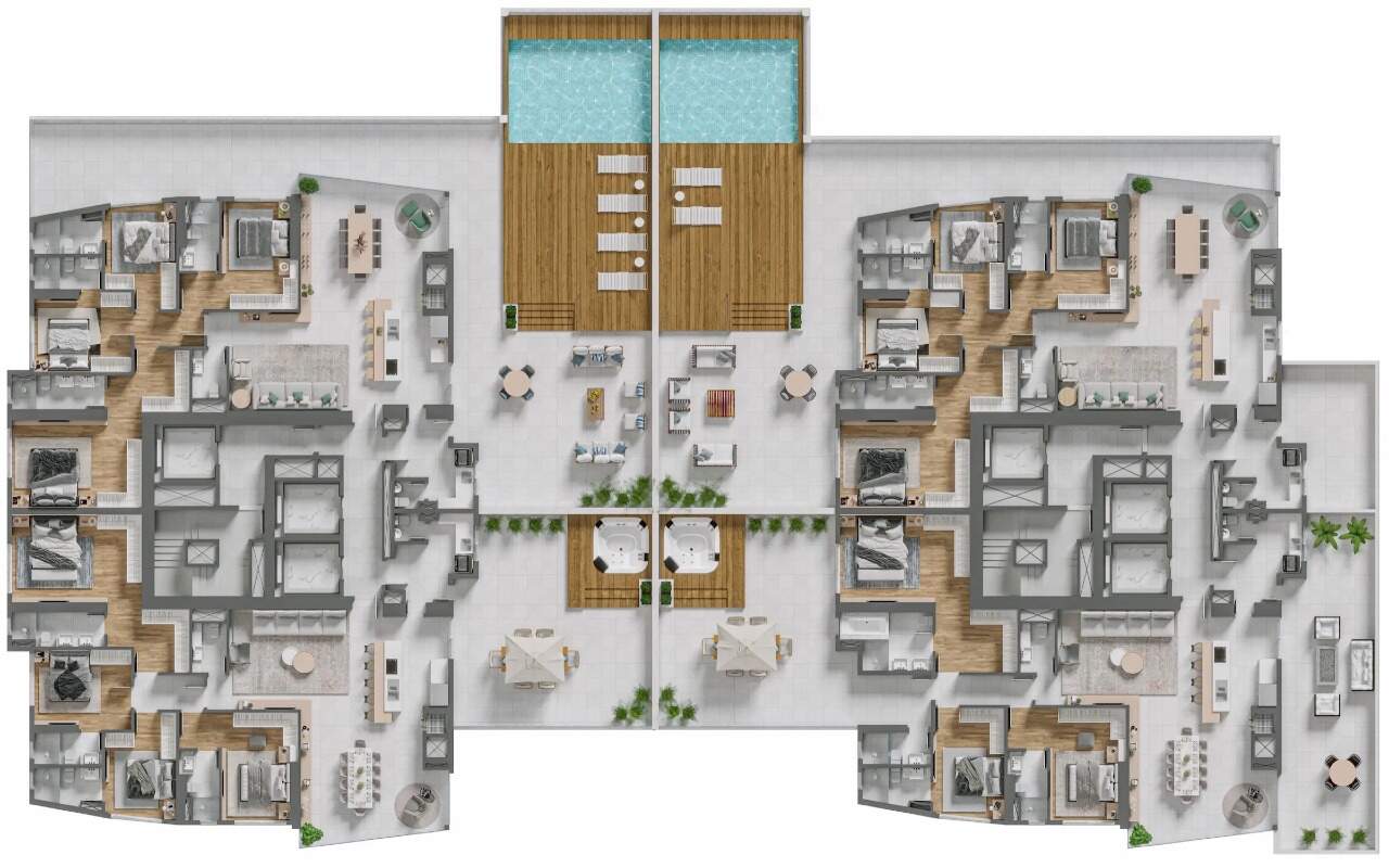 Apartamento diferenciado à venda no Centro: Planta do pavimento dos apartamentos diferenciados, com os terraços entre as torres