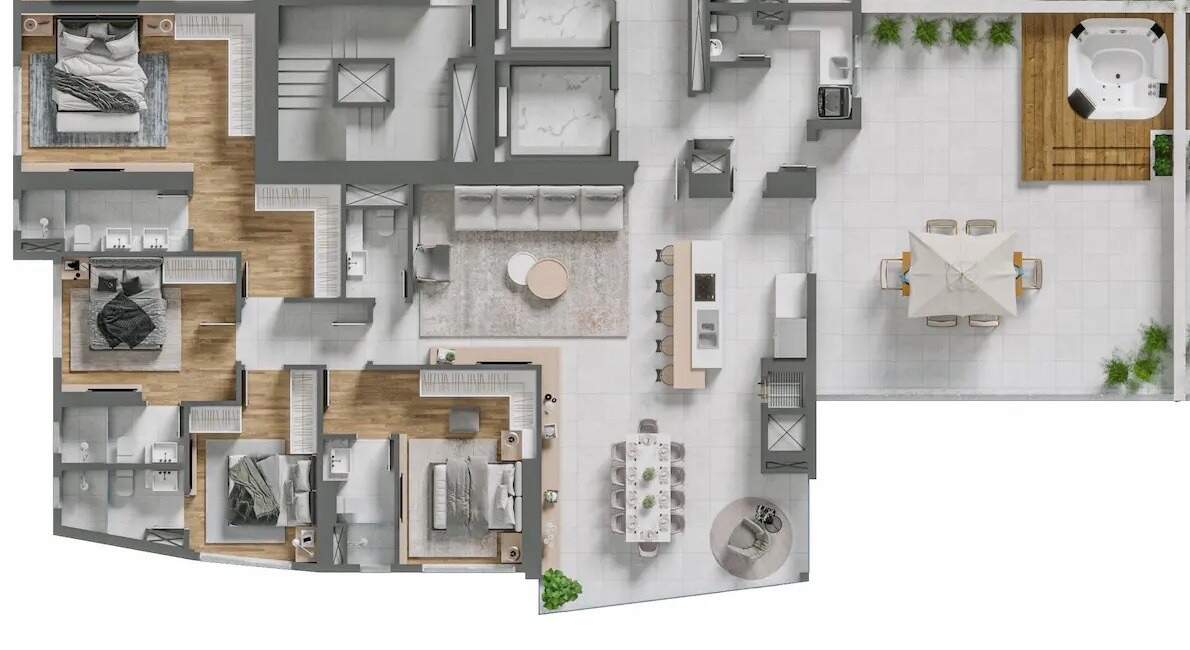 Apartamento diferenciado à venda no Centro: Planta do diferenciado de 265,90 m²: 4 suítes e terraço com hidromassagem entre as torres
