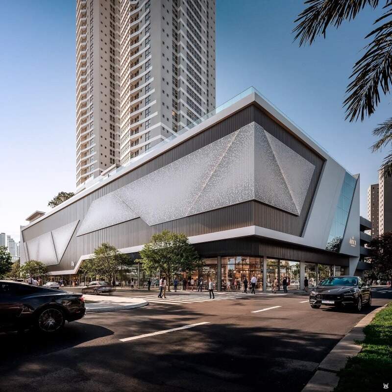 Apartamento diferenciado à venda no Centro: Esquina do Ápice Towers de dia, com o embasamento e as torres (imagem ilustrativa)