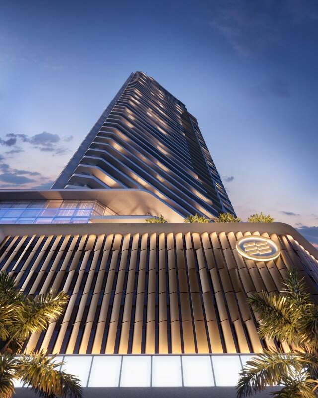 Apartamento diferenciado à venda no Centro: Torre do Alaia vista da base, com fachada contemporânea (imagem ilustrativa)