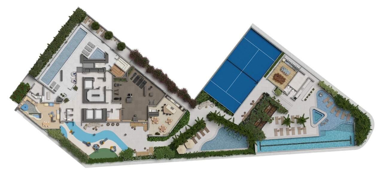 Apartamento diferenciado à venda no Centro: Planta do pavimento de lazer com piscinas, quadra de padel e academia