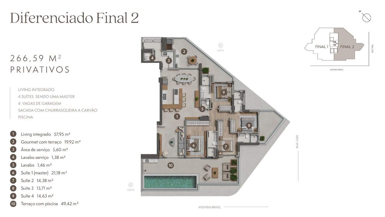 Apartamento diferenciado à venda no Centro: Planta do diferenciado final 2: 266,59 m², 4 suítes e terraço de 49,42 m² com piscina