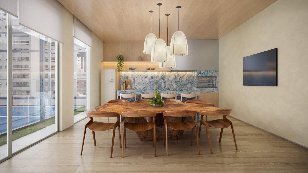 Apartamento diferenciado à venda no Centro: Espaço grill com mesa de jantar (imagem ilustrativa)