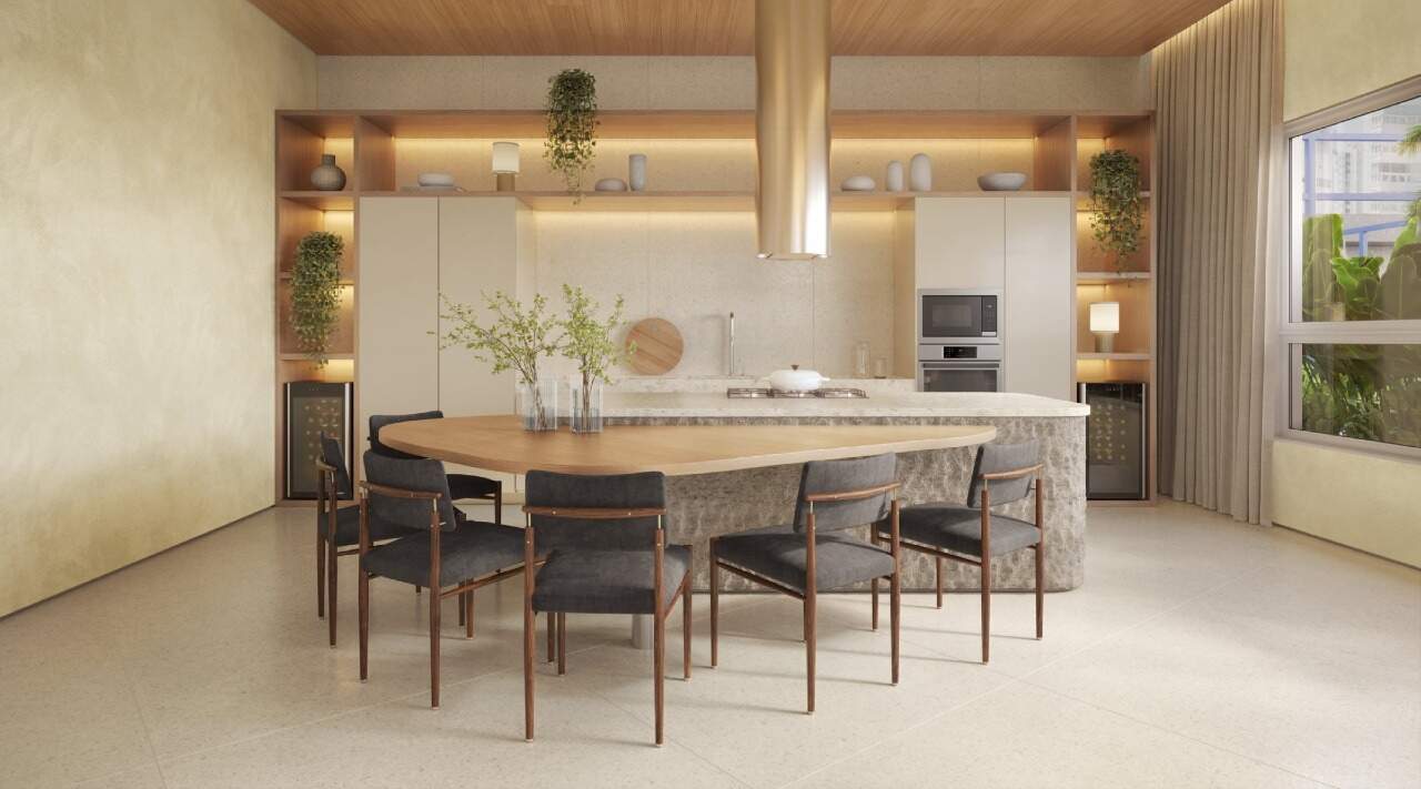 Apartamento diferenciado à venda no Centro: Garden gourmet com cozinha e mesa de jantar (imagem ilustrativa)