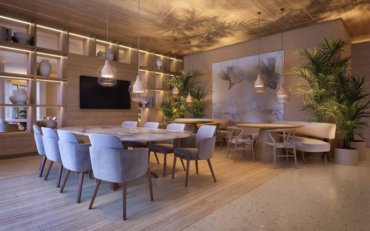 Apartamento diferenciado à venda no Centro: Salão de festas com mesas de jantar (imagem ilustrativa)