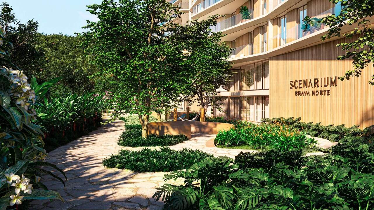 Apartamento diferenciado à venda no Praia Brava: Jardim de entrada com o letreiro do Scenarium Brava Norte (imagem ilustrativa)