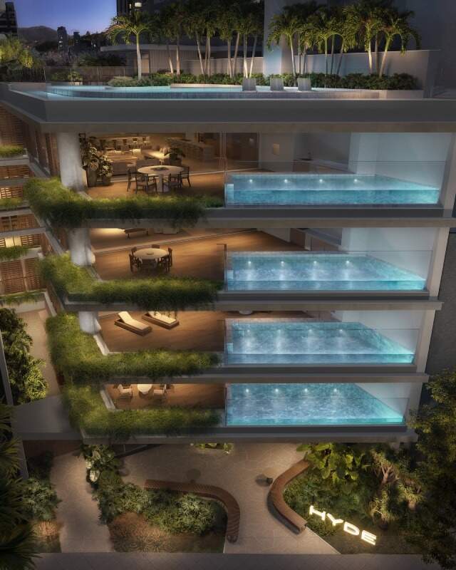 Apartamento à venda no Centro: As quatro Beach Houses empilhadas no embasamento, cada uma com piscina (imagem ilustrativa)