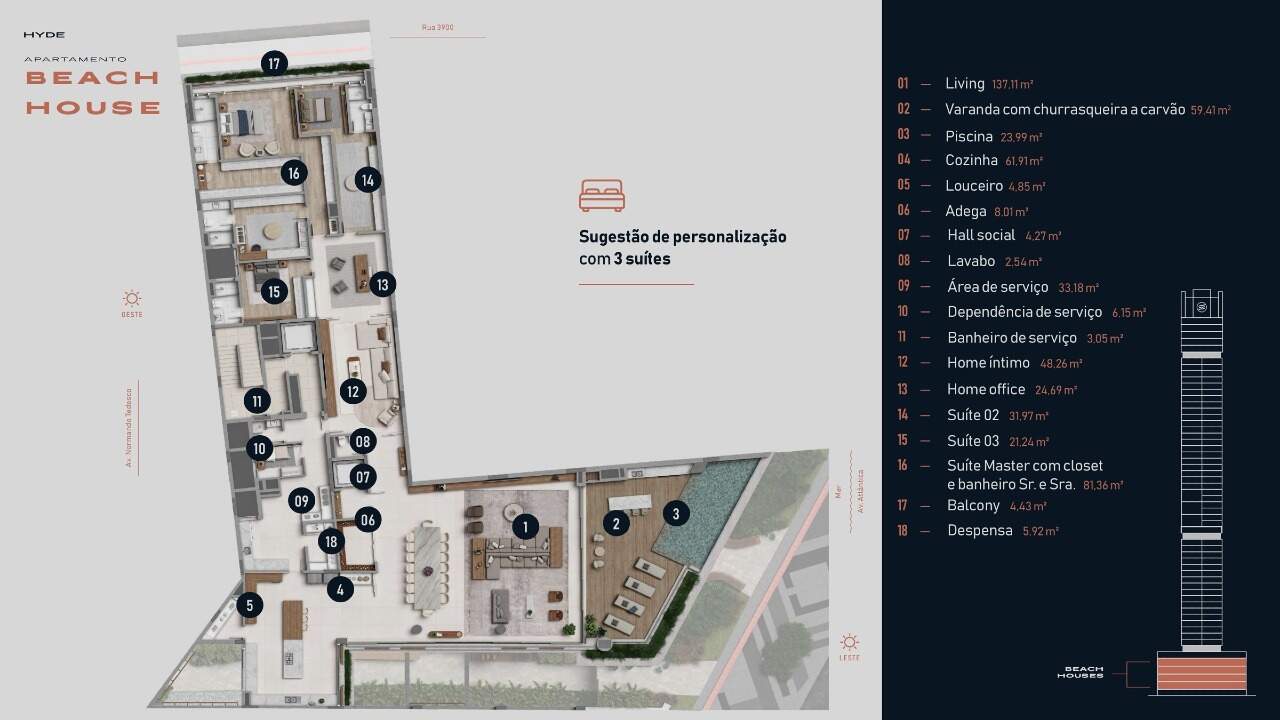 Apartamento à venda no Centro: Planta da Beach House do Hyde: 653 m² em sugestão com 3 suítes, home office e piscina