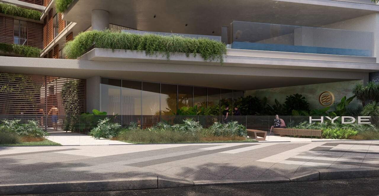 Apartamento à venda no Centro: Fachada do embasamento do Hyde, com o letreiro, jardins e floreiras (imagem ilustrativa)