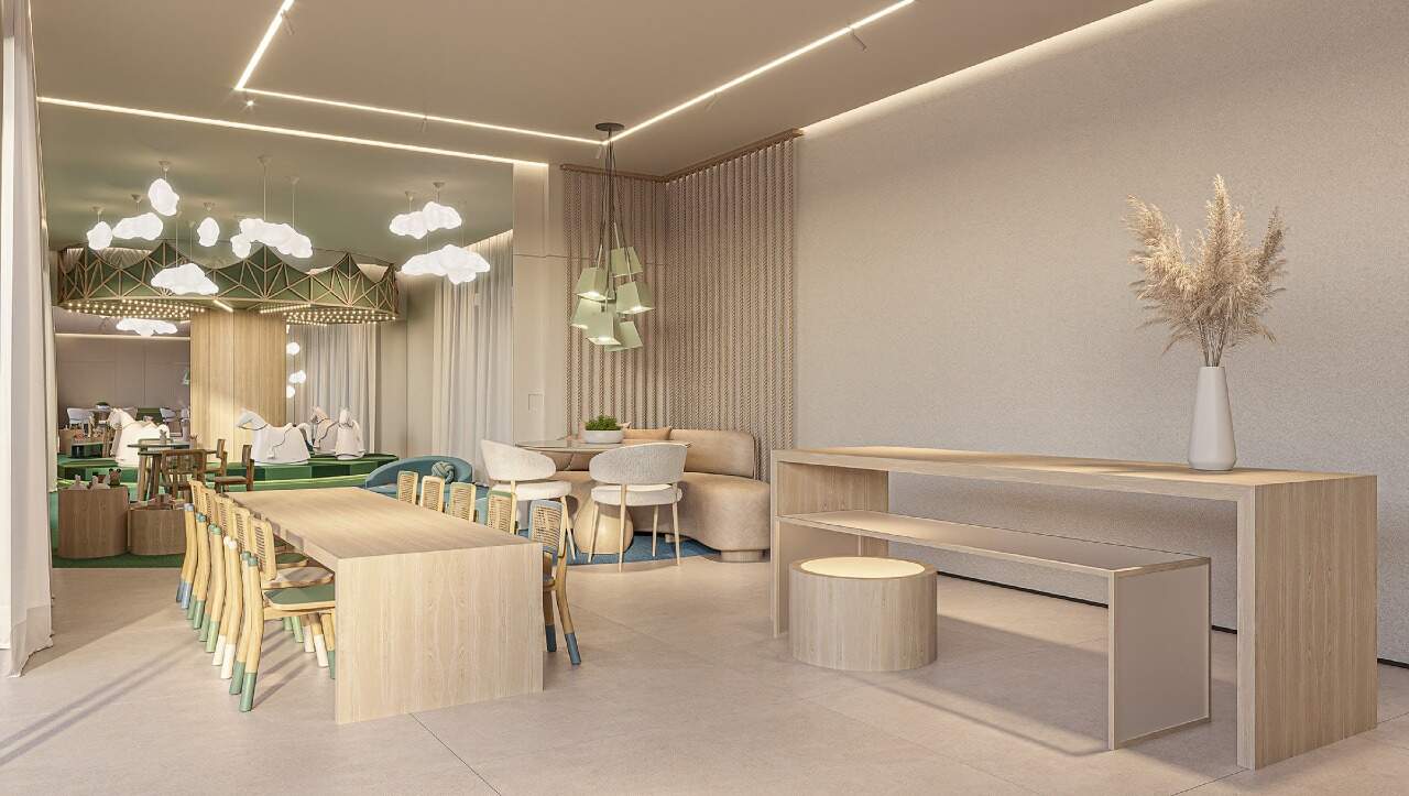 Apartamento à venda no Centro: Sala de festas infantil, com mesa comprida e estar (imagem ilustrativa)