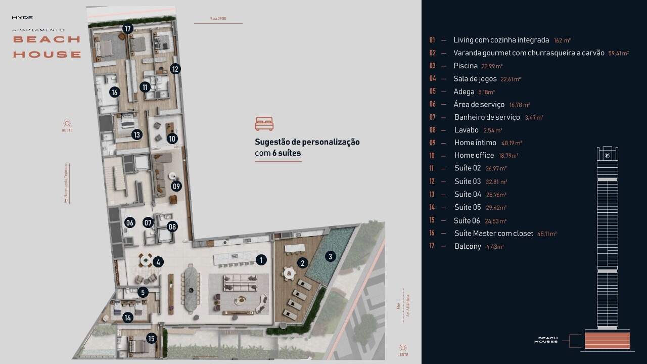 Apartamento à venda no Centro: Planta da Beach House do Hyde em sugestão com 6 suítes e sala de jogos