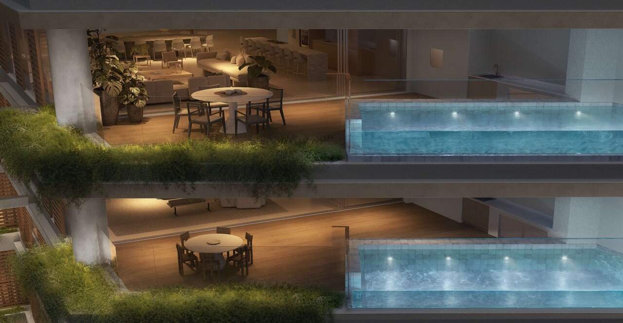Apartamento à venda no Centro: The Glass Pool: varandas das Beach Houses com piscina de borda translúcida (imagem ilustrativa)