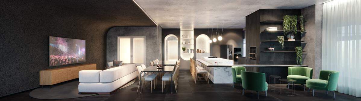 Apartamento à venda no Barra Sul: Espaço gourmet com cozinha, estar e mesa de jantar (imagem ilustrativa)