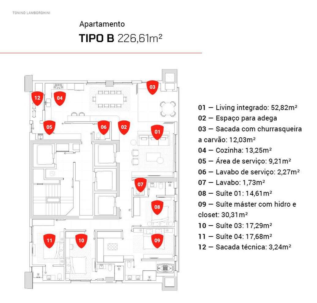 Apartamento à venda no Barra Sul: Planta do tipo B, 226,61 m² e 4 suítes, com espaço para adega e sacada de 12,03 m²