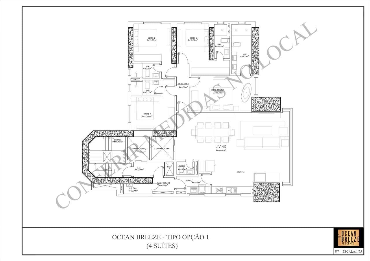 Apartamento à venda no Centro: Planta com medidas da versão de 4 suítes: living de 56 m² e suíte master com banheira