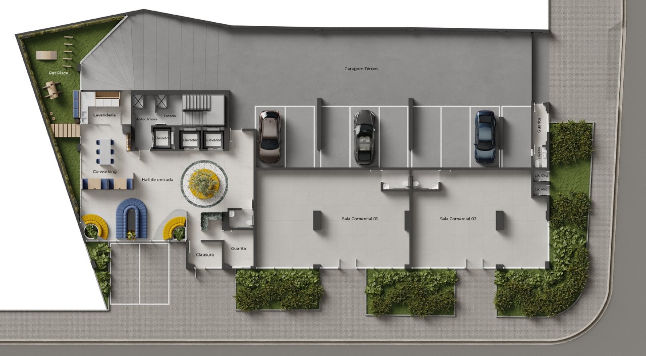 Apartamento diferenciado à venda no Centro: Planta do térreo: hall, coworking, lavanderia, pet place, guarita e salas comerciais