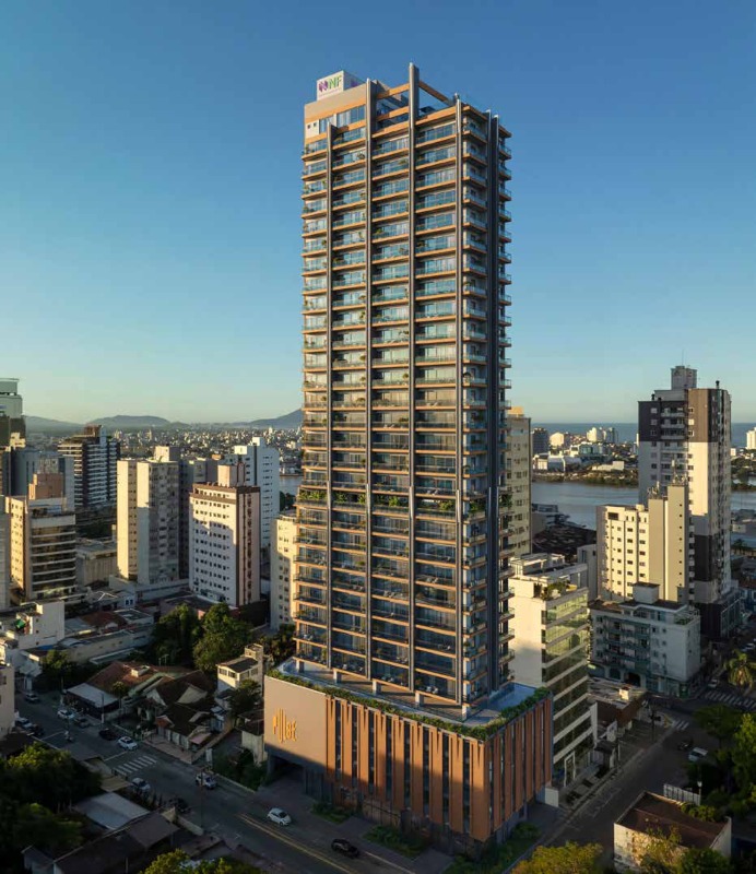 Apartamento diferenciado à venda no Centro: Torre do NF Pulse de dia, com o rio Itajaí-Açu ao fundo (imagem ilustrativa)