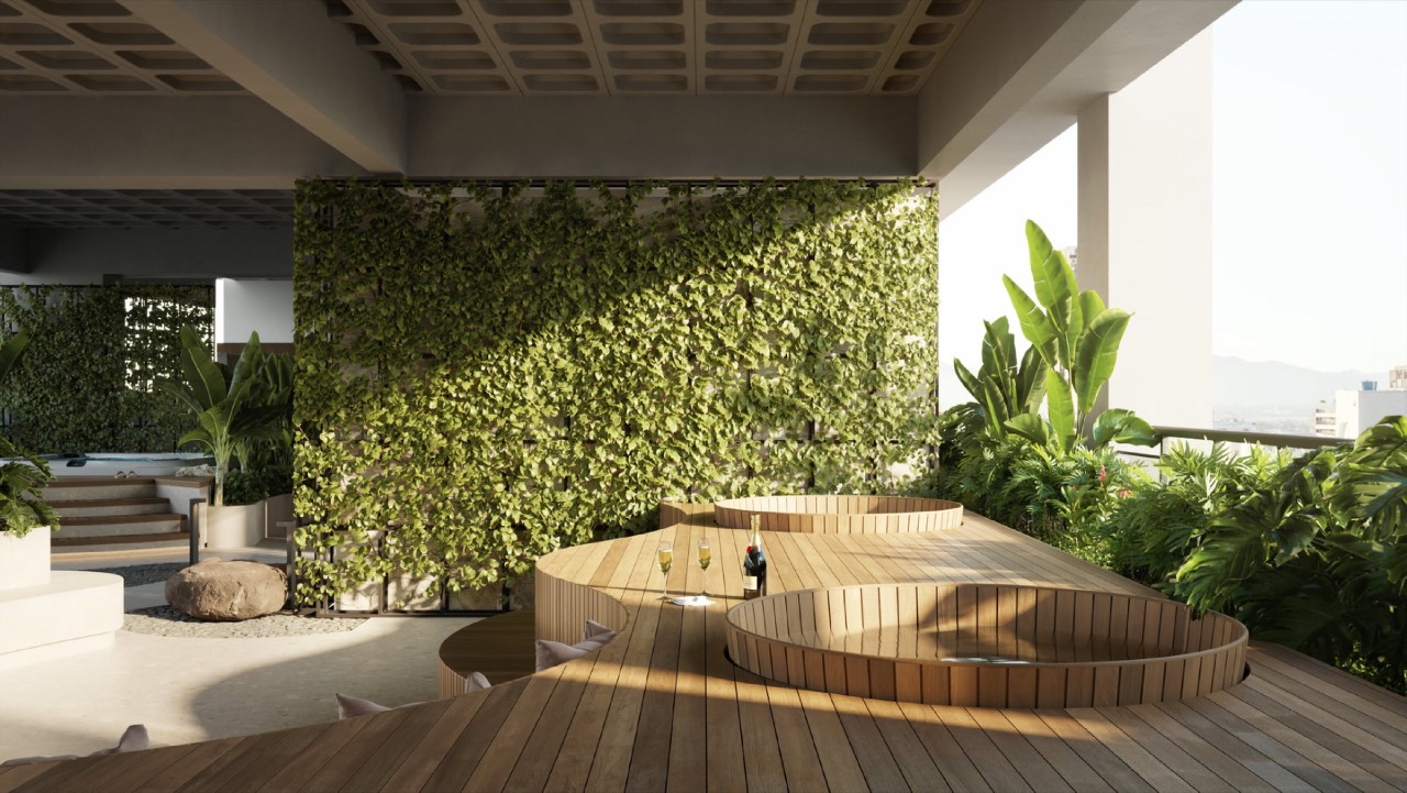 Apartamento diferenciado à venda no Centro: Espaço ofurô do jardim suspenso, com deck de madeira e jardim vertical (imagem ilustrativa)