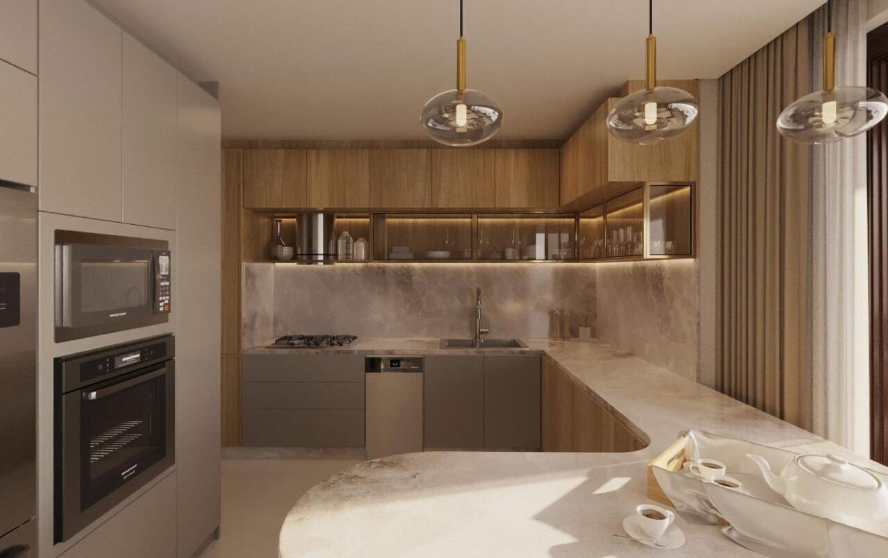 Apartamento à venda no Centro: Cozinha gourmet com bancada aberta para o living do Tipo A (imagem ilustrativa)