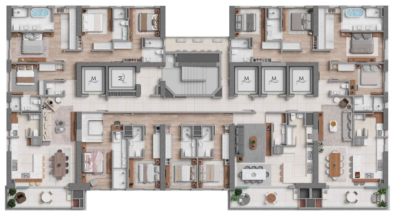 Apartamento à venda no Centro: Planta do pavimento Tipo A: o apartamento de 171,66 m² é o do meio, com quatro suítes