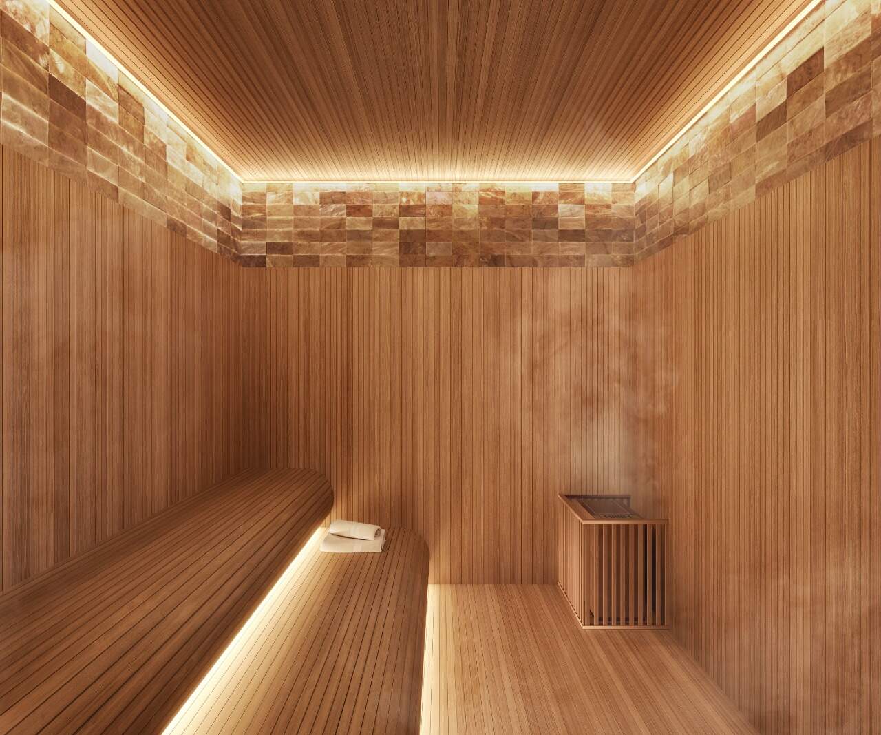 Apartamento diferenciado à venda no Centro: Sauna seca com tijolos de sal rosa (imagem ilustrativa)