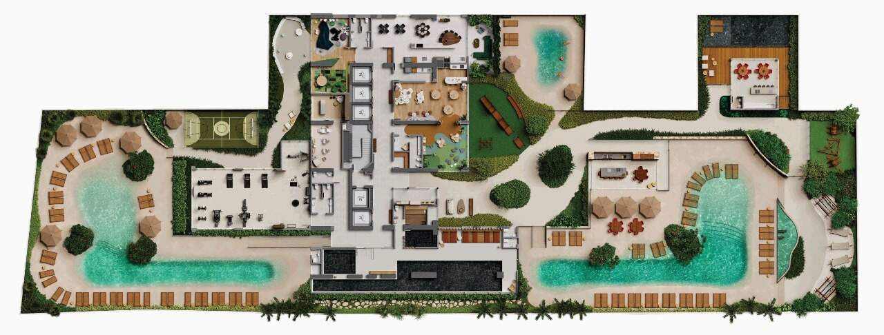 Apartamento diferenciado à venda no Centro: Implantação do lazer externo do Marena, com piscinas, quadra recreativa e parquinho