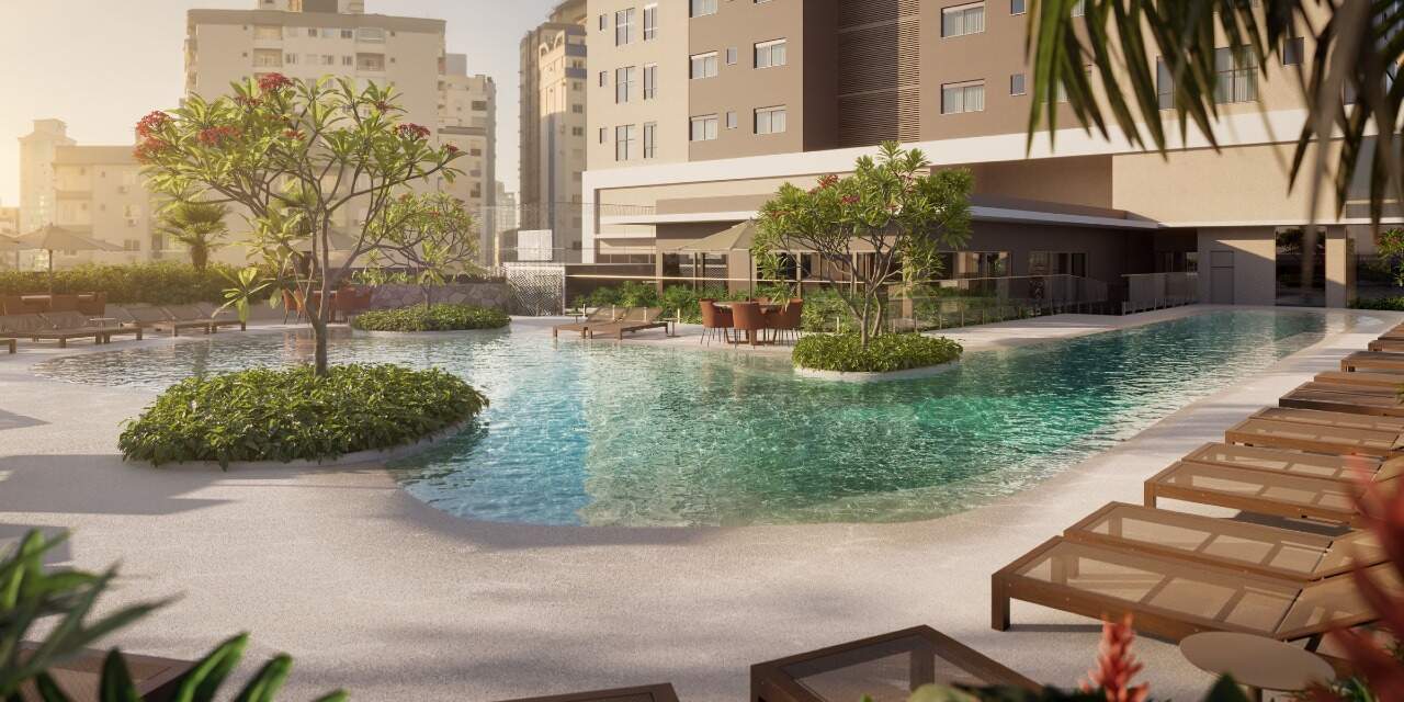Apartamento diferenciado à venda no Centro: Piscina com ilhas de vegetação no lazer do Marena (imagem ilustrativa)