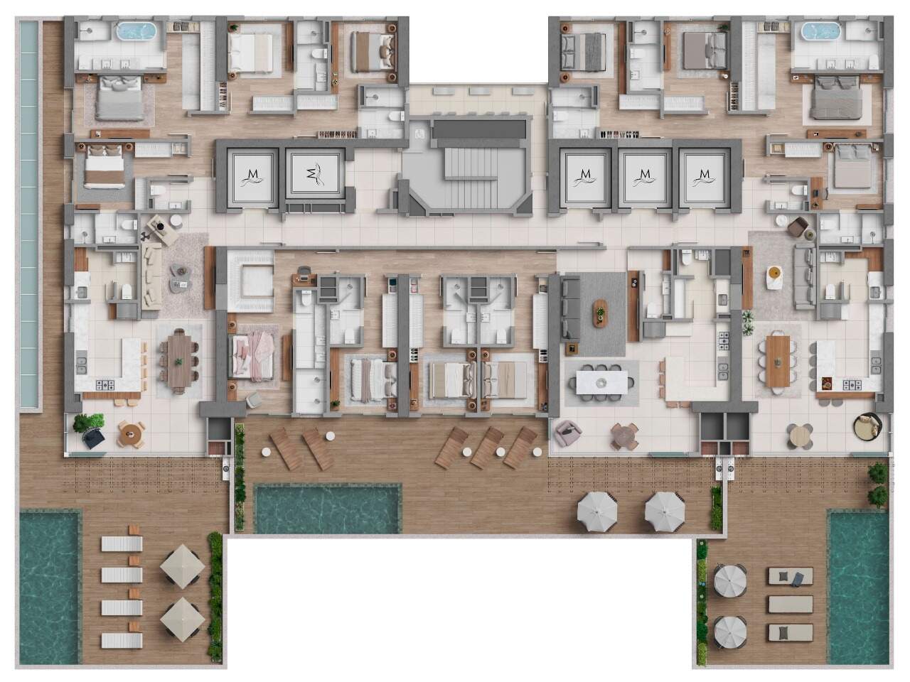 Apartamento diferenciado à venda no Centro: Planta do pavimento dos três diferenciados, cada um com terraço e piscina privativa